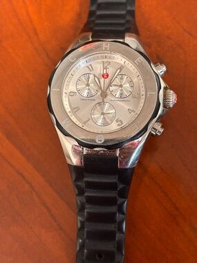 Michele Silver Dial Chronograph Bracelet Watch with Black Strap